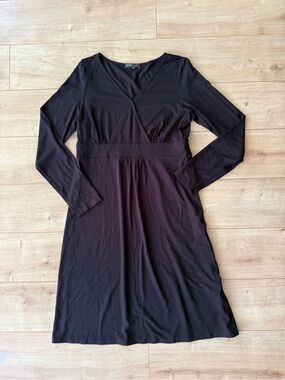 Eileen Fisher Black Faux Wrap Midi Dress Petite Medium Rayon Lycra Long Sleeve